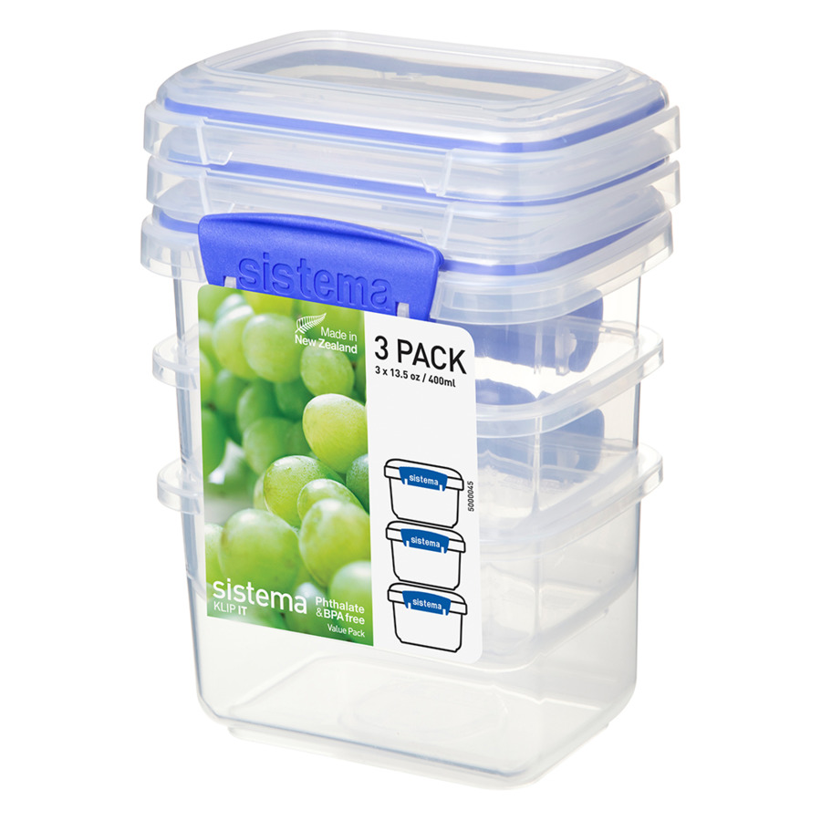 Набор из 3 контейнеров для хранения Sistema Klip It 400мл, пластик набор контейнеров sistema klip it lunch plus 1 2л blue 1630