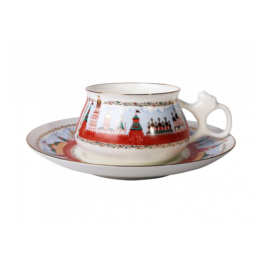 Чашка чайная с блюдцем ИФЗ Московский Кремль Билибина, фарфор костяной чашка чайная с блюдцем ифз кулич город билибина фарфор костяной