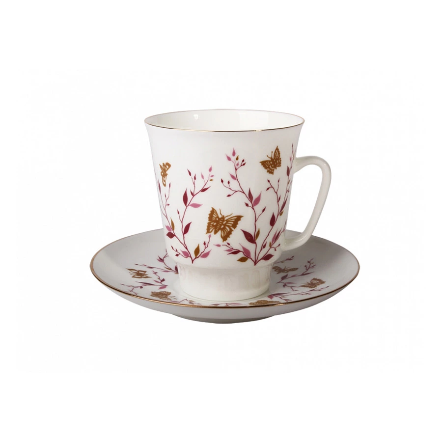 Чашка кофейная с блюдцем ИФЗ Розовые веточки Майская 165 мл, фарфор костяной