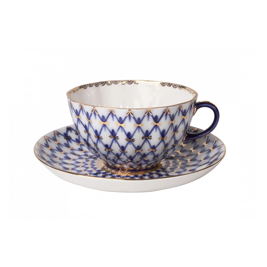 Чашка чайная с блюдцем ИФЗ Кобальтовая сетка Тюльпан 250 мл, фарфор твердый