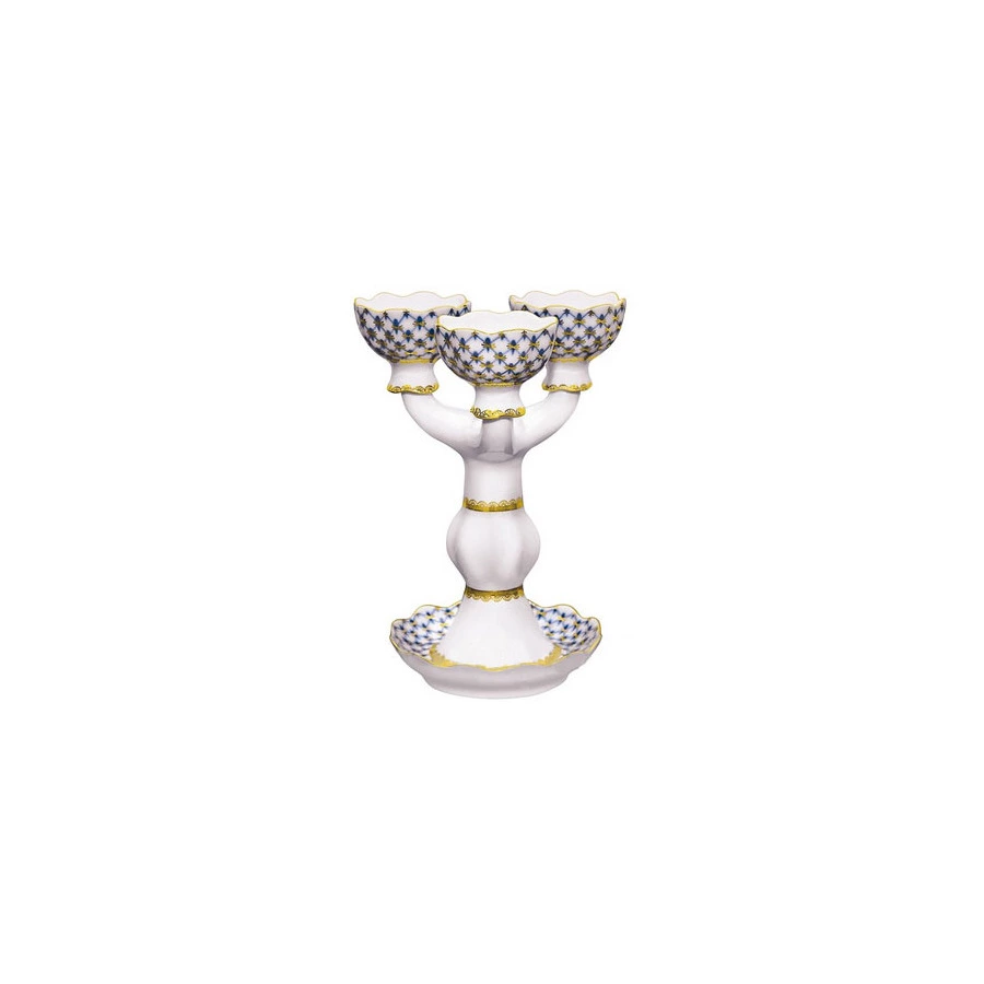 Подсвечник 3-рожковый ИФЗ Кобальтовая сетка Тюльпан, фарфор твердый
