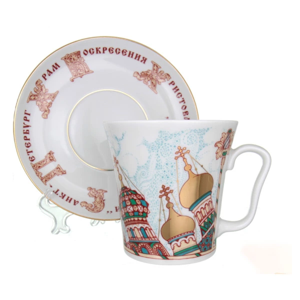 Кружка с блюдцем ИФЗ Храм Спаса на крови Ленинградский, фарфор твердый