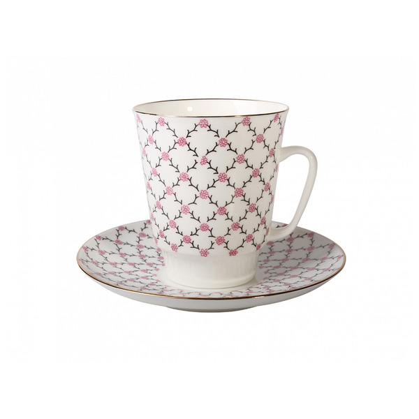 Чашка чайная с блюдцем ИФЗ Розовая сетка Майская, фарфор костяной