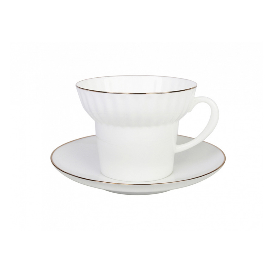 Чашка чайная с блюдцем ИФЗ Золотой кантик Волна 155 мл, фарфор костяной