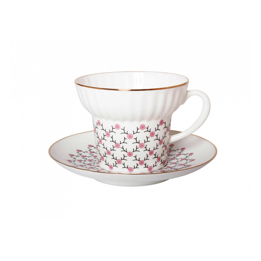 Чашка чайная с блюдцем ИФЗ Розовая сетка Волна, фарфор костяной чашка чайная с блюдцем ифз кобальтовая сетка купольная 310 мл фарфор костяной