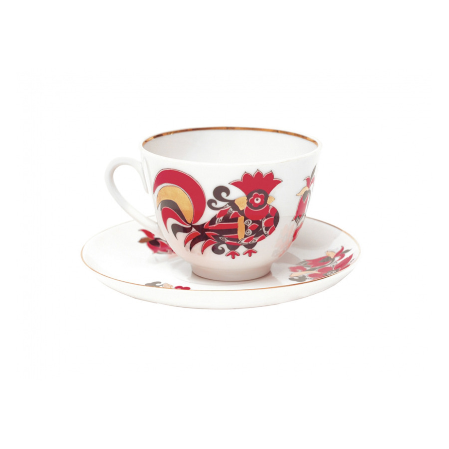 Чашка чайная с блюдцем ИФЗ Красные петушки Весенняя, фарфор твердый