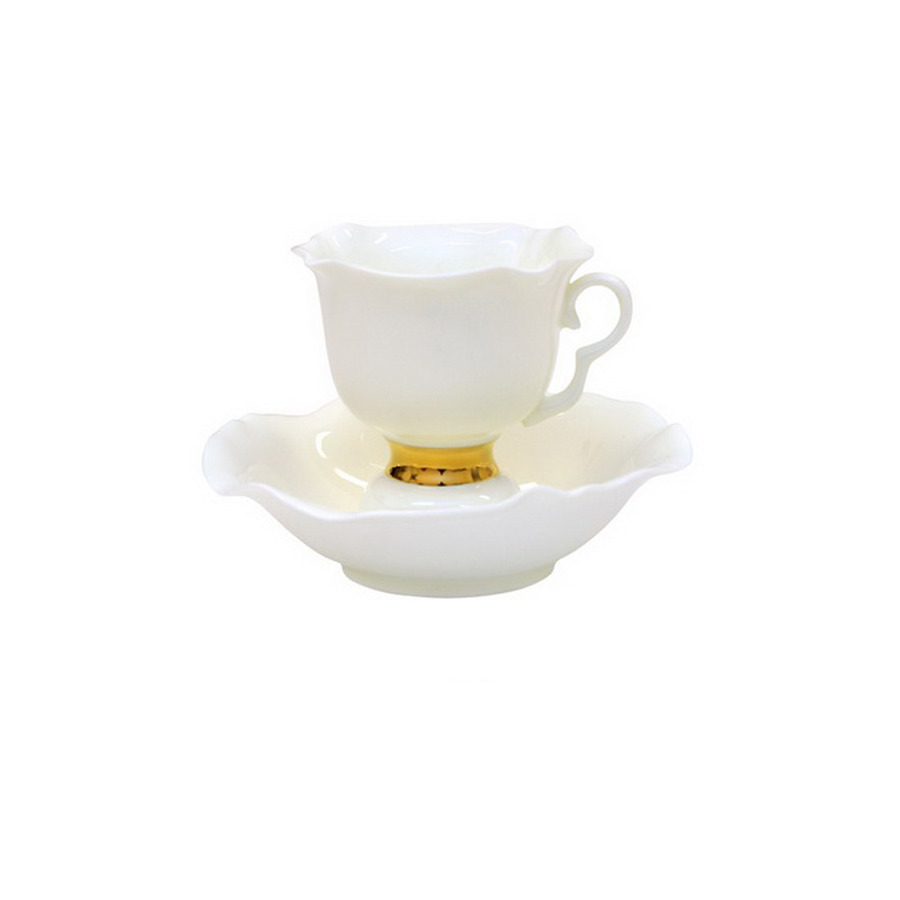 Чашка чайная с блюдцем ИФЗ Золотая лента Белый цветок 220 мл, фарфор костяной