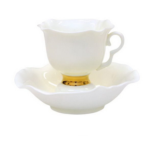 Чашка чайная с блюдцем ИФЗ Золотая лента Белый цветок 220 мл, фарфор костяной