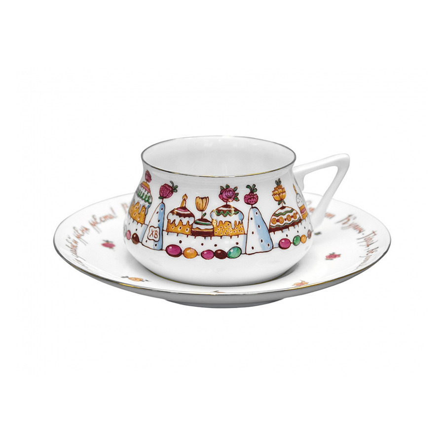 Чашка чайная с блюдцем ИФЗ Кулич-город Билибина, фарфор костяной чашка чайная с блюдцем ифз карамель билибина фарфор костяной