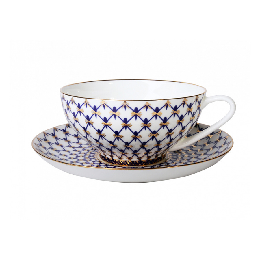Чашка чайная с блюдцем ИФЗ Кобальтовая сетка.Купольная 310 мл, фарфор костяной