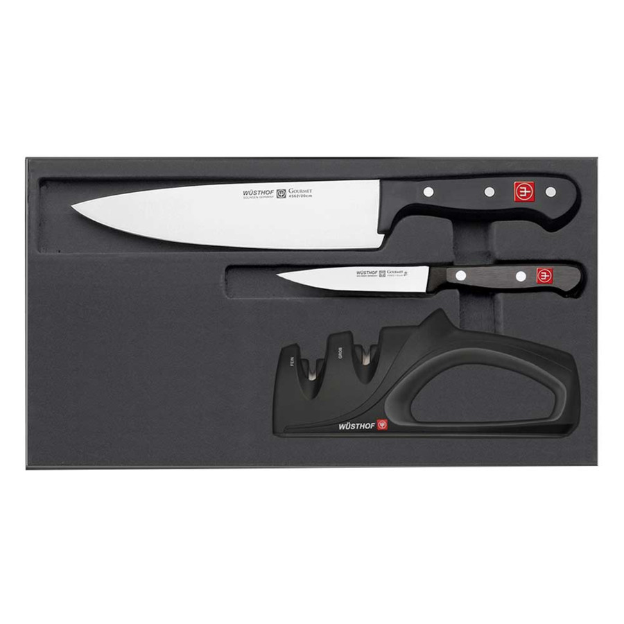 Набор кухонных ножей и точилки Wuesthof Gourmet Promotion, 3 предмета, сталь кованая набор кухонных ножей genio ivory 3 предмета