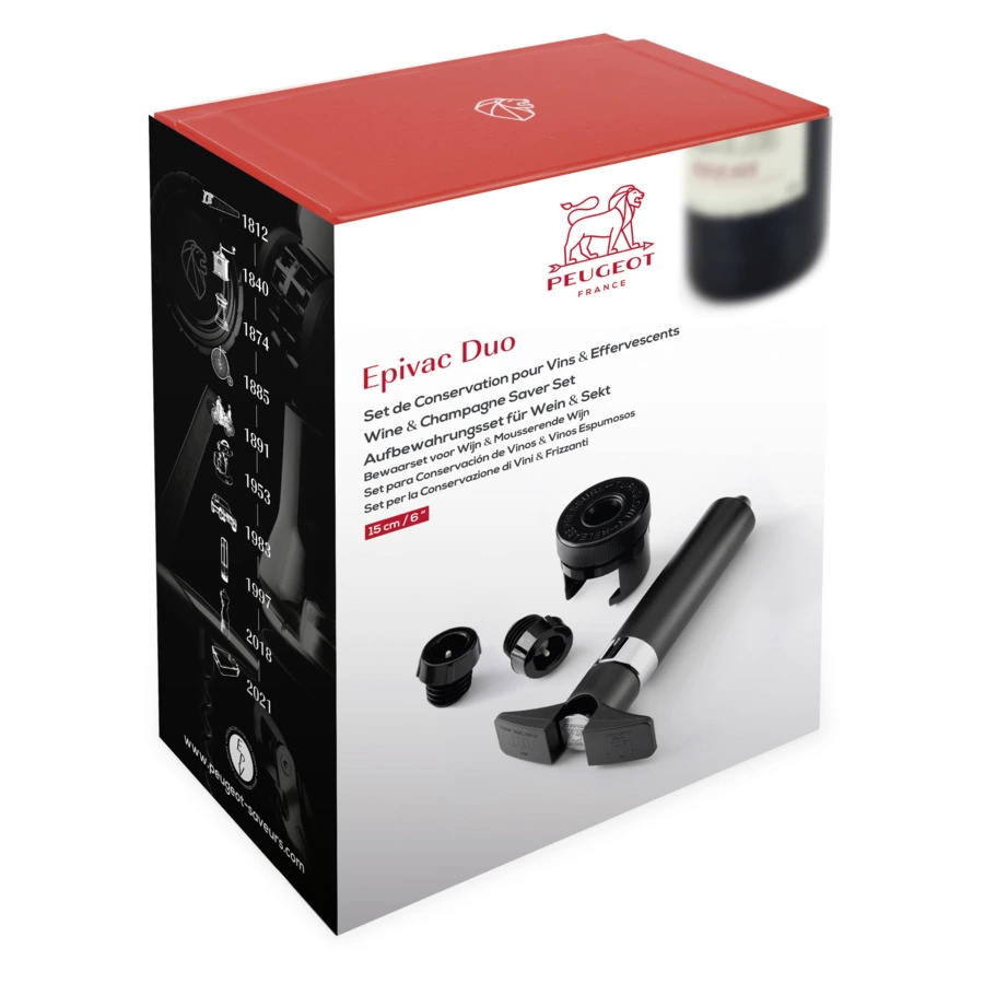 Помпа для вина и шампанского с тремя пробками Peugeot Epivac Duo, пластик, п/к