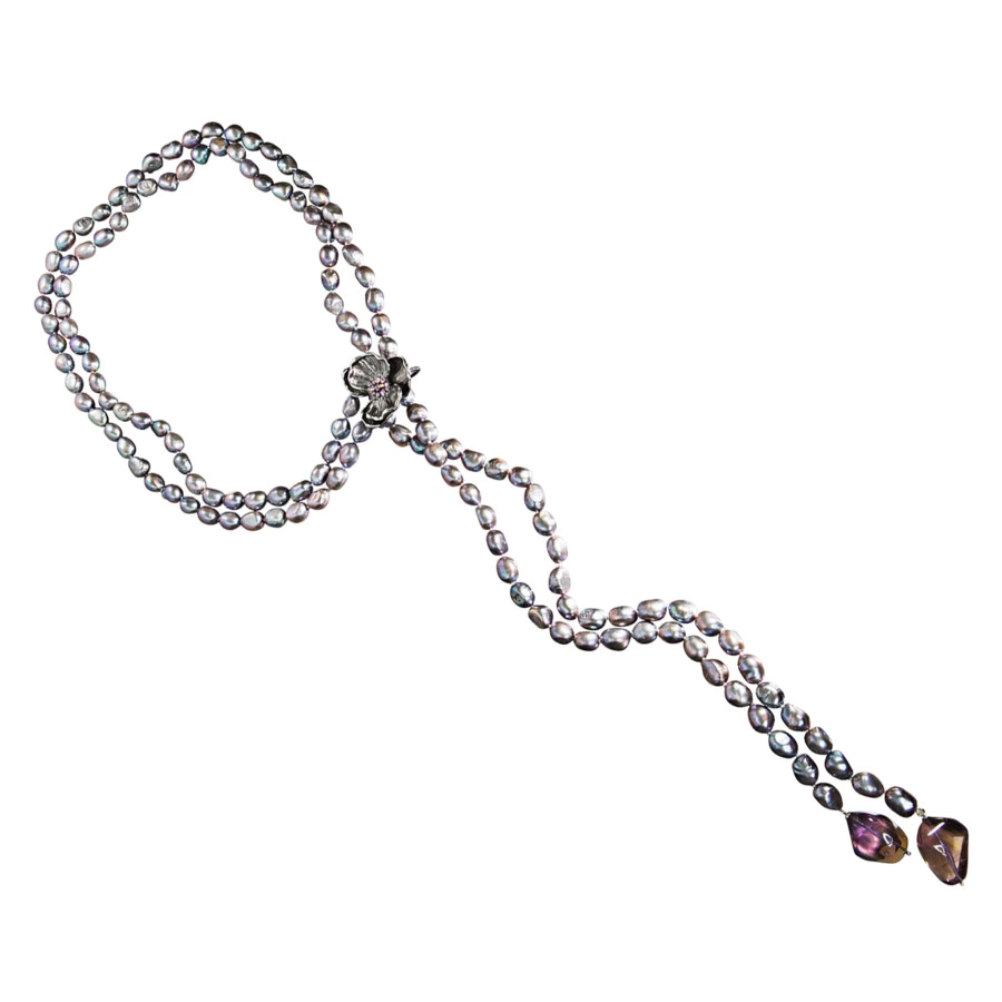 Колье Орхидея, серебро, 925пр, жемчуг, аметрин