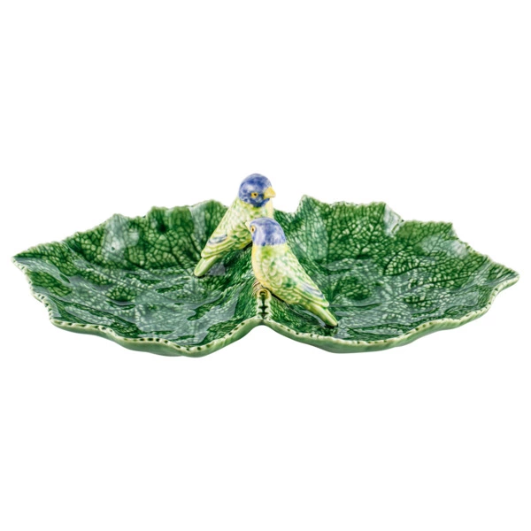 Блюдо двухсекционное Bordallo Pinheiro Листья 34 см, с двумя синими птичками, керамика
