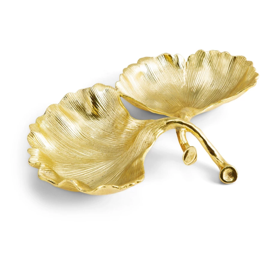 Менажница двухсекционная Michael Aram Листья гинкго 25 см, латунь, позолота, прозрачная эмаль