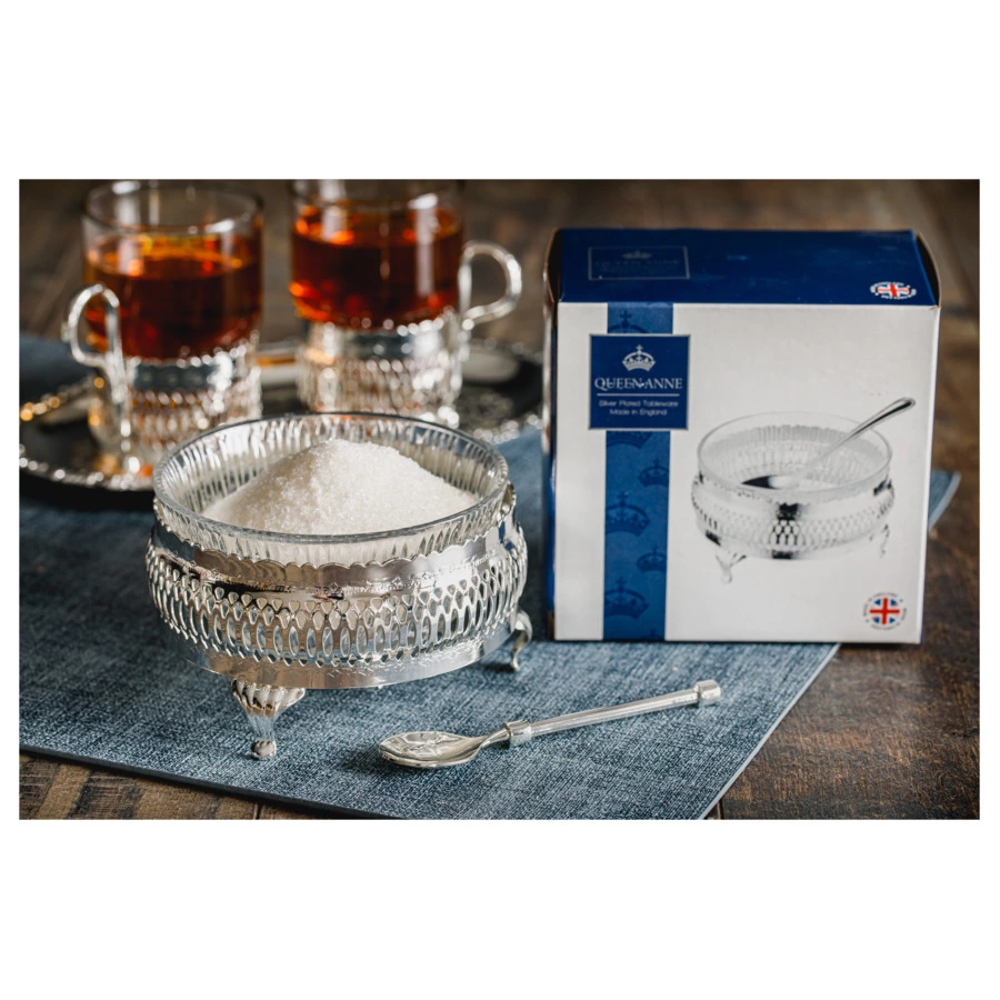 Сахарница с ложкой Queen Anne 11 см, сталь, посеребрение