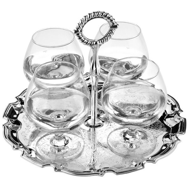 Набор бокалов для коньяка на подносе Queen Anne, 4шт, сталь, стекло, посеребрение