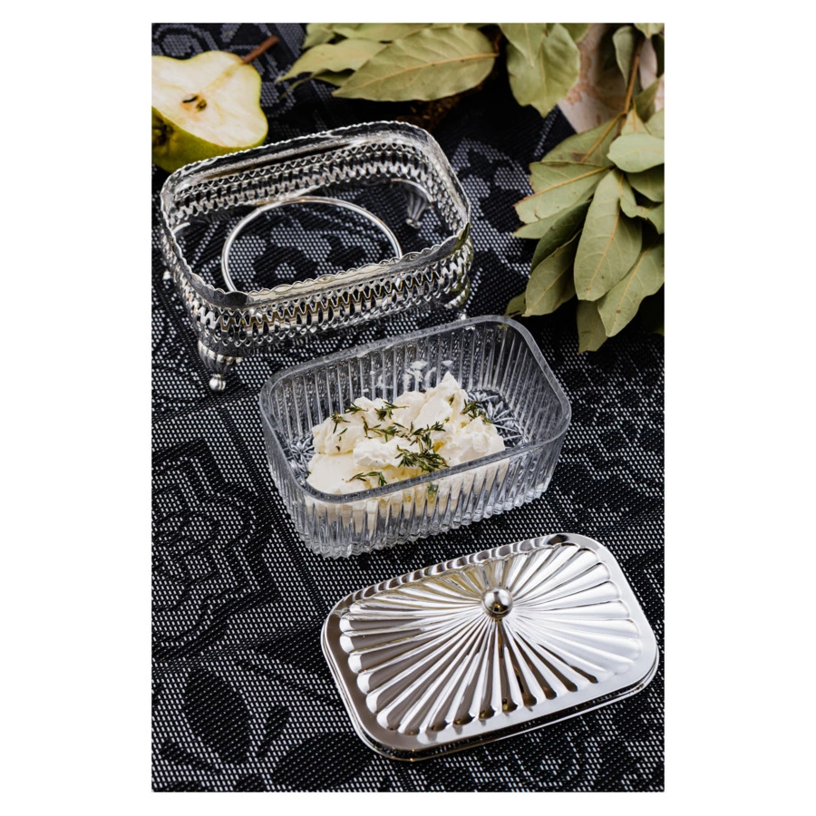 Масленка прямоугольная с крышкой Queen Anne 13х9 см, сталь, стекло, посеребрение