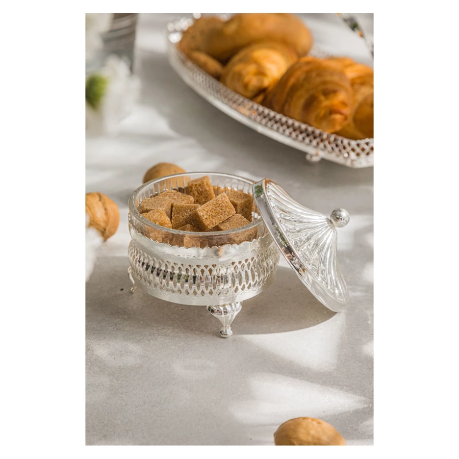 Сахарница круглая с крышкой Queen Anne 11 см, сталь, стекло, посеребрение