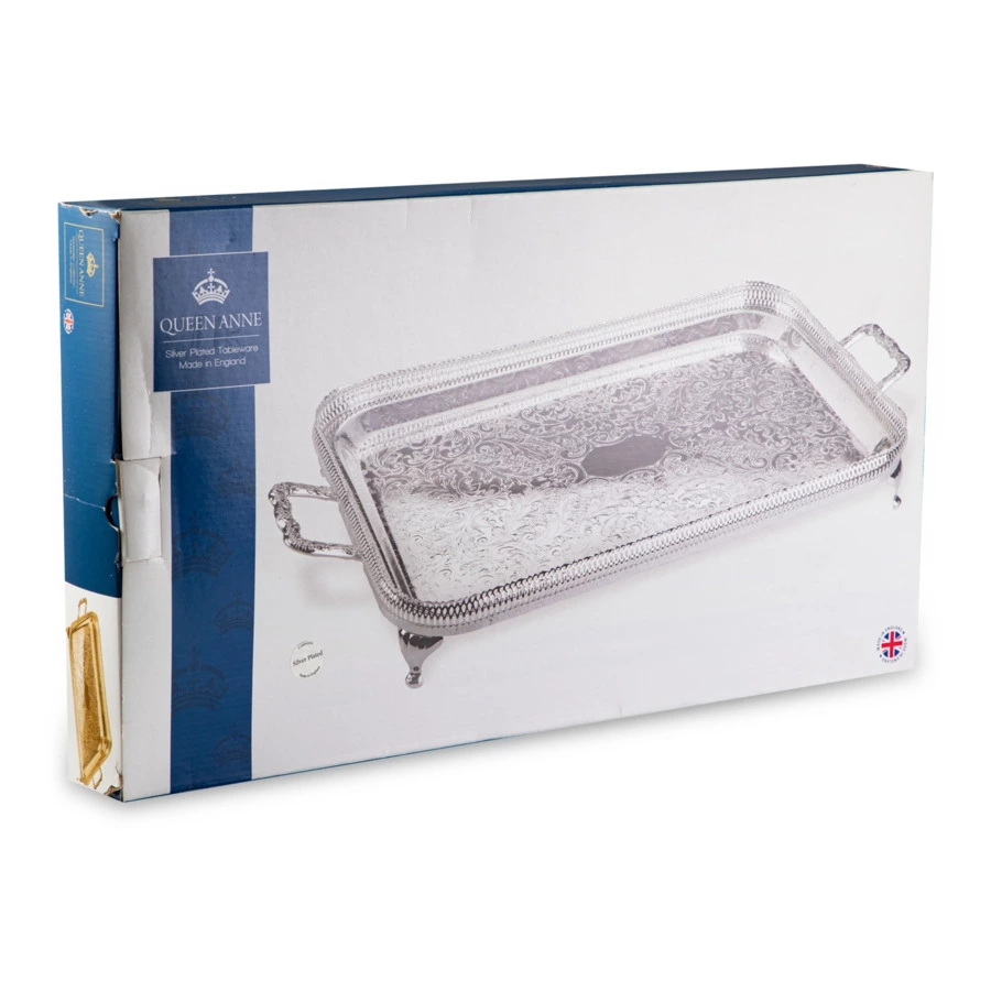 Поднос прямоугольный с ручками, на ножках Queen Anne 64х34 см, сталь, посеребрение