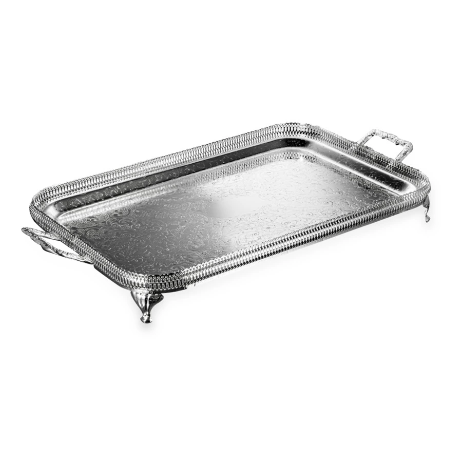 Поднос прямоугольный с ручками, на ножках Queen Anne 64х34 см, сталь, посеребрение