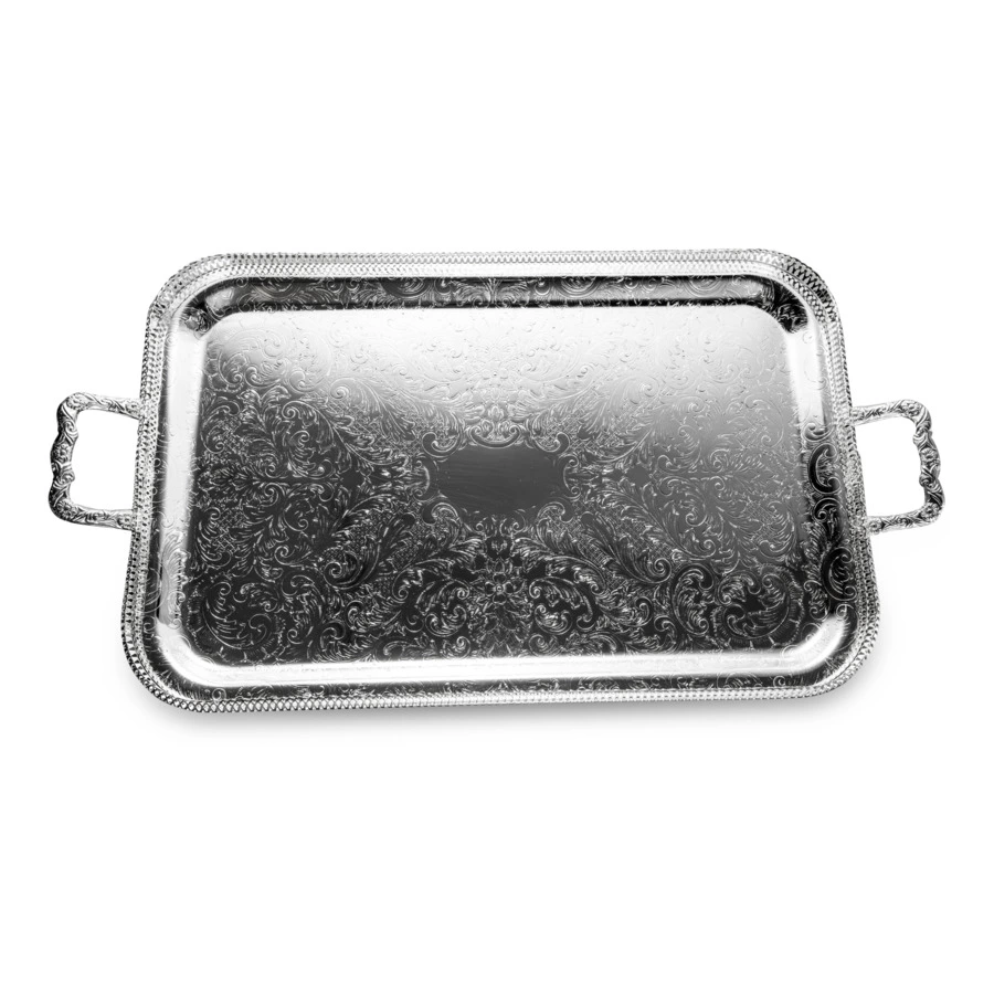 Поднос прямоугольный с ручками, на ножках Queen Anne 64х34 см, сталь, посеребрение