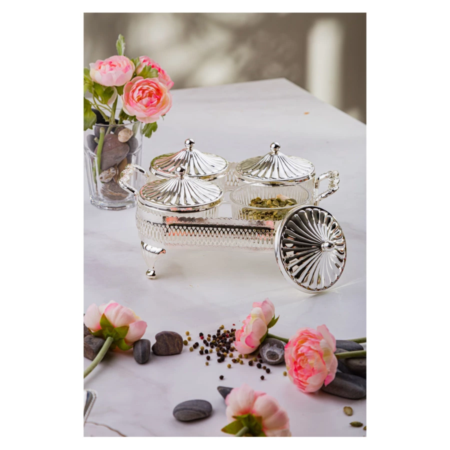 Менажница 4 секции с 4 крышками Queen Anne 26х21 см, сталь, посеребрение