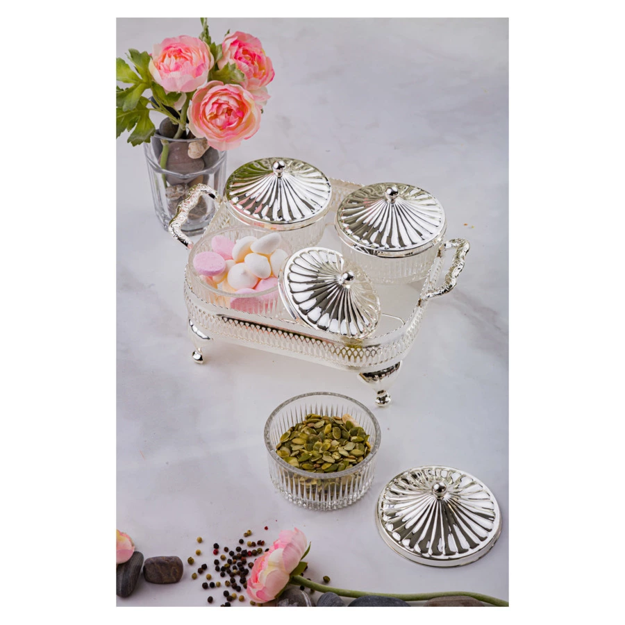 Менажница 4 секции с 4 крышками Queen Anne 26х21 см, сталь, посеребрение