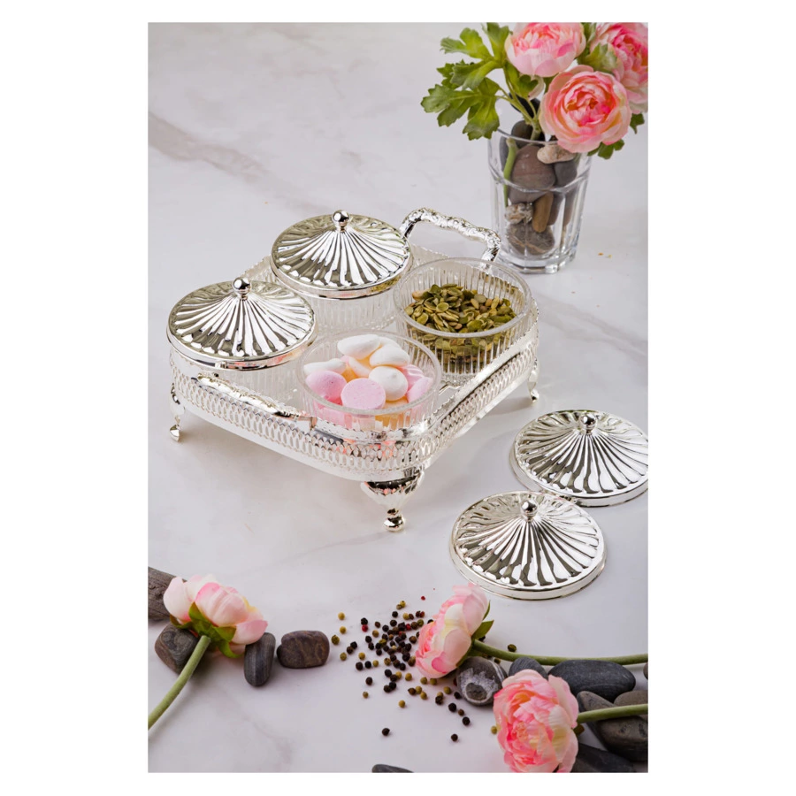 Менажница 4 секции с 4 крышками Queen Anne 26х21 см, сталь, посеребрение