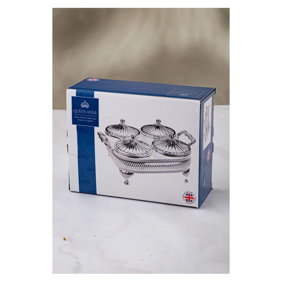 Менажница 4 секции с 4 крышками Queen Anne 26х21 см, сталь, посеребрение
