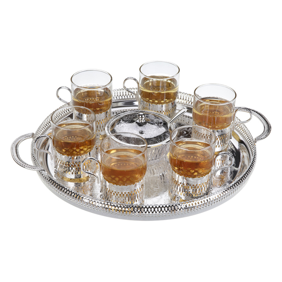 Набор для чая Queen Anne: поднос, сахарница, ложка, 6 стаканов с подстаканниками, сталь, стекло