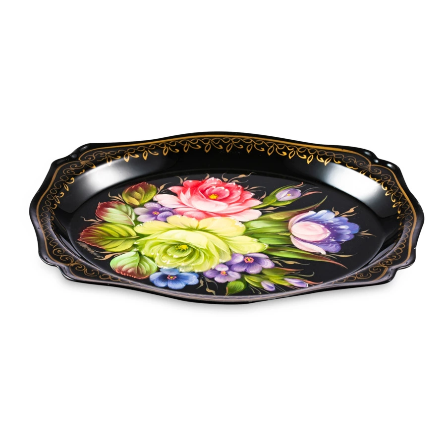 Поднос Жостовская фабрика декоративной росписи Цветы 20х17 см, сталь нержавеющая