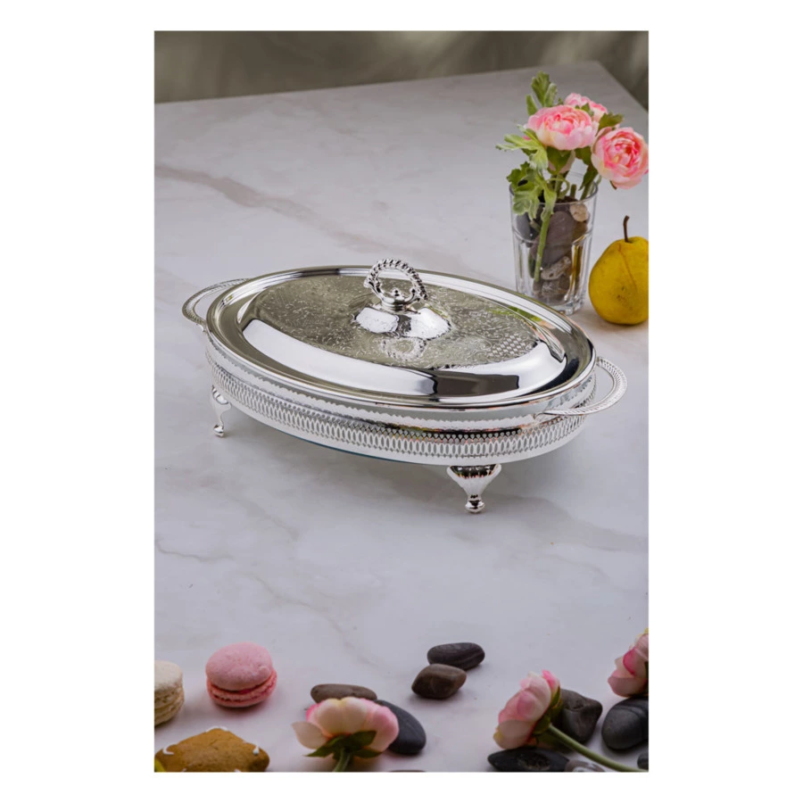 Блюдо овальное с крышкой Queen Anne 41х26 см, на ножках, сталь, посеребрение