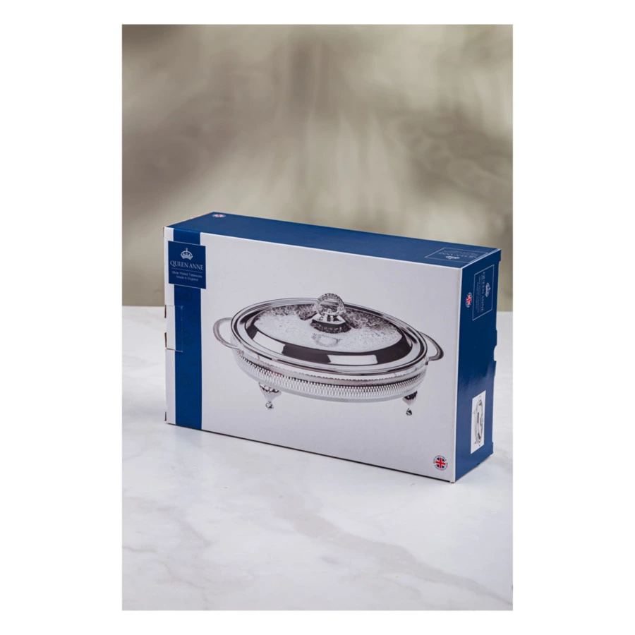 Блюдо овальное с крышкой Queen Anne 41х26 см, на ножках, сталь, посеребрение