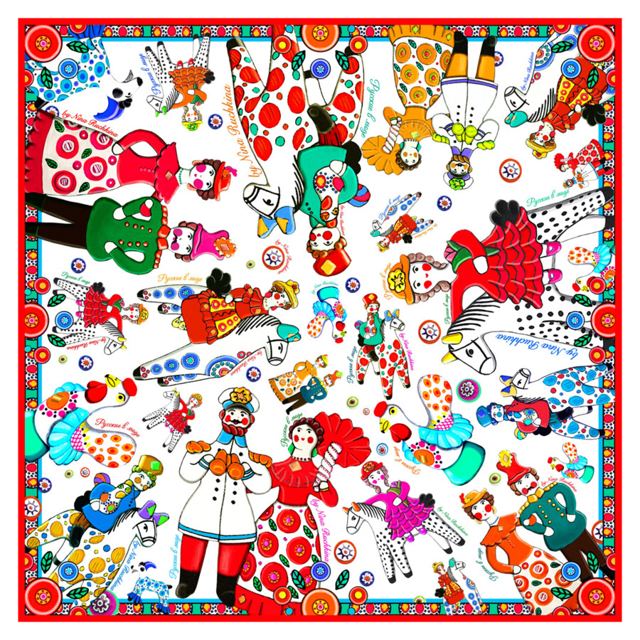 Платок сувенирный МД Нины Ручкиной Дымковская игрушка с ручной подшивкой 90х90 см, шелк