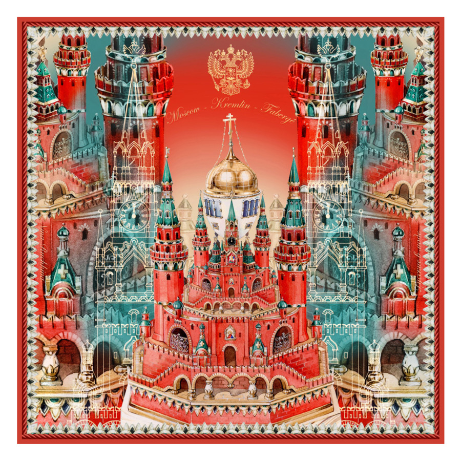 Платок сувенирный МД Нины Ручкиной Москва Кремль Фаберже 90х90 см, шелк