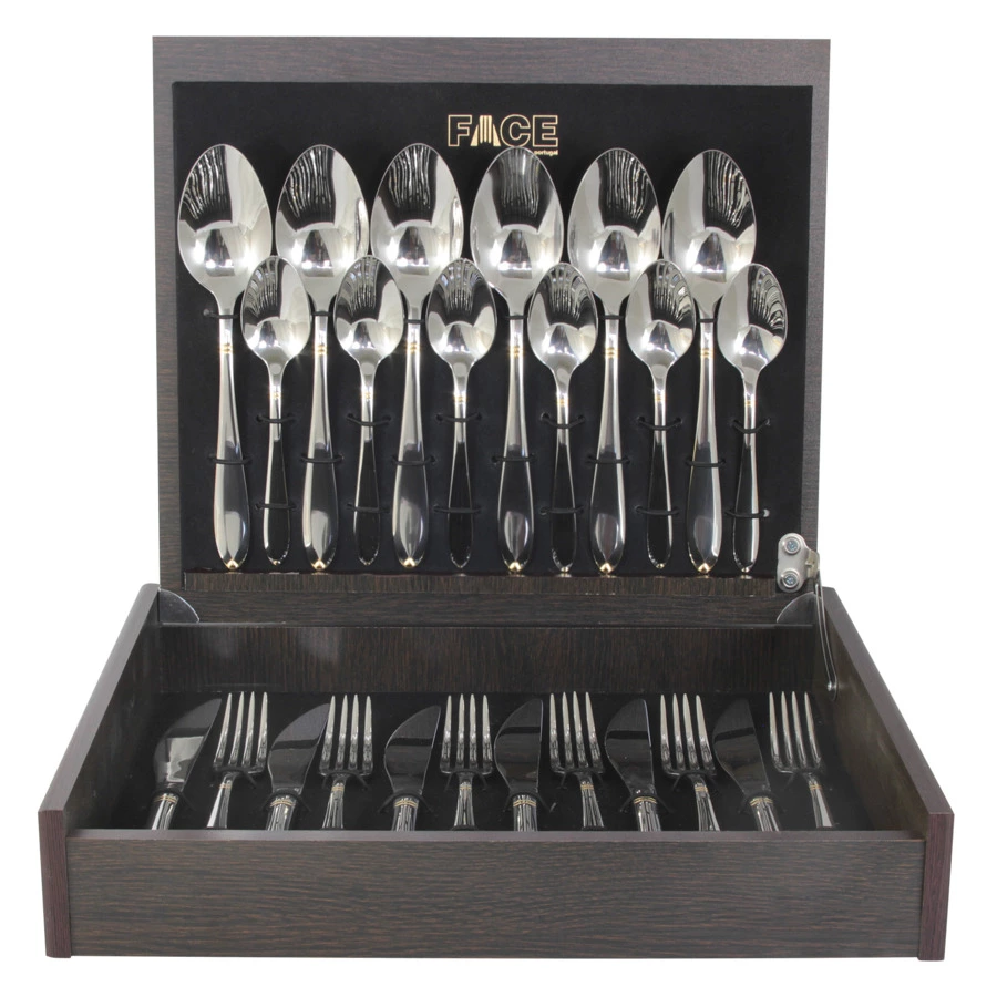 Набор столовых приборов Face Julia Gold на 6 персон 24 предмета, золотой декор, деревянная коробка