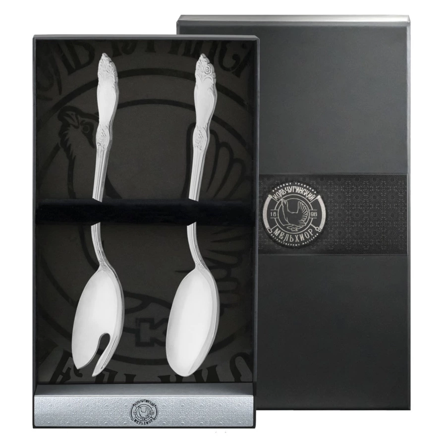 Набор для салата в футляре Кольчугинский мельхиор Серебряная Роза, вилка и ложка, посеребрение