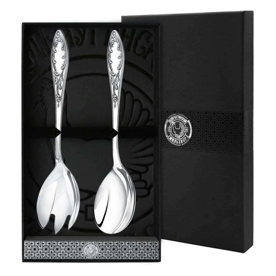 Набор для салата в футляре Кольчугинский мельхиор Пламя, вилка и ложка, посеребрение