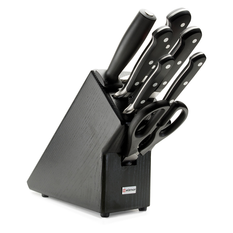 Набор кухонных ножей с ножницами и мусатом Wuesthof Classic на черной подставке из ясеня, сталь набор ножей wuesthof classic ikon 9878 wus