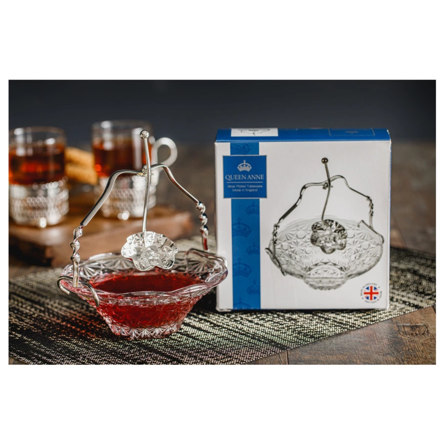 Вазочка для варенья с ручкой и ложкой Queen Anne 14,5 см, сталь, стекло, посеребрение