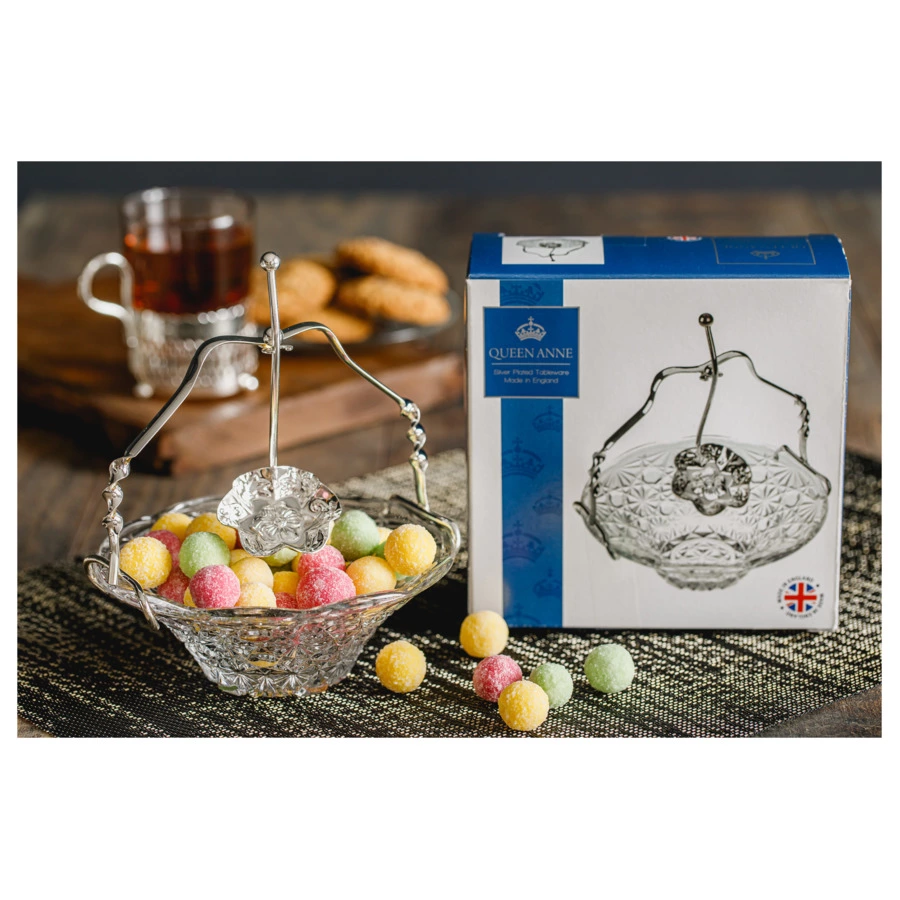 Вазочка для варенья с ручкой и ложкой Queen Anne 14,5 см, сталь, стекло, посеребрение