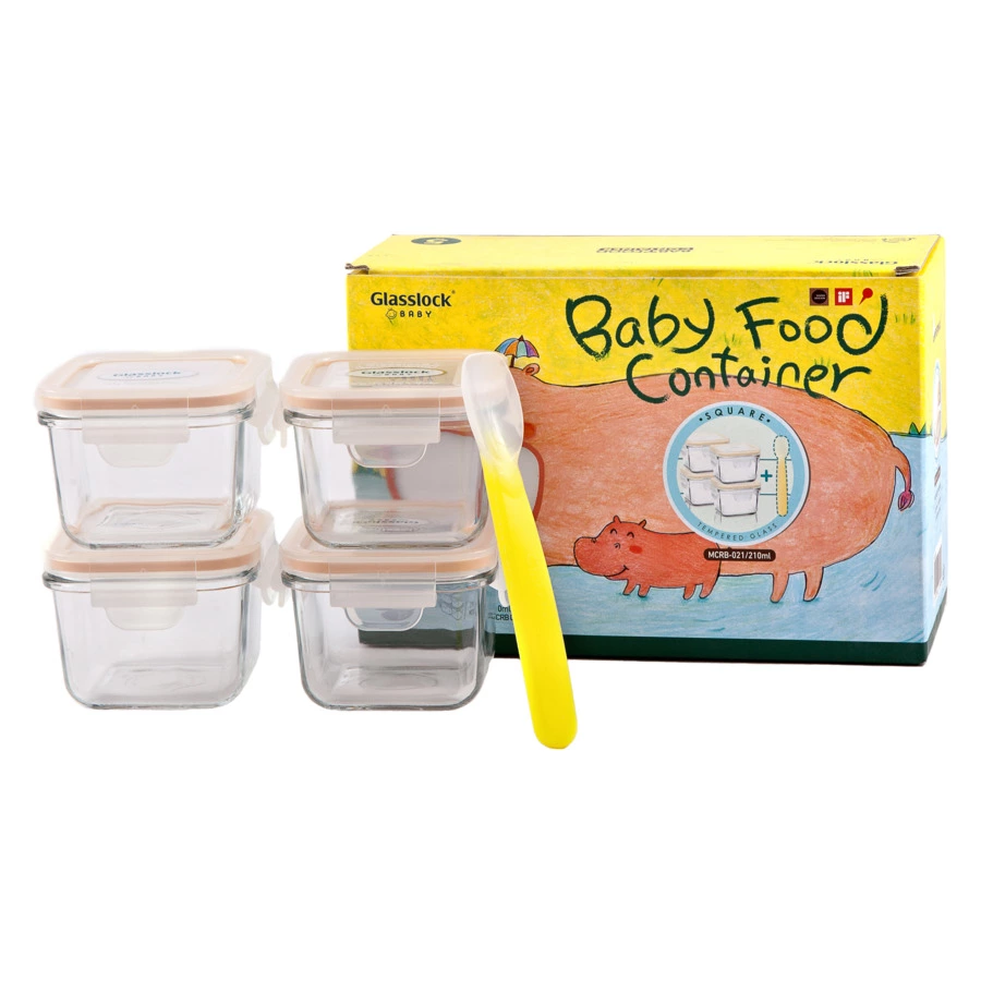 Набор контейнеров детских с ложкой Glasslock YumYum 210мл, квадратные, 4шт