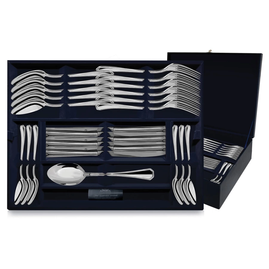 Набор столовых приборов в футляре АргентА Classic Элегант 2590 г, на 12 персон 48 предметов, серебро
