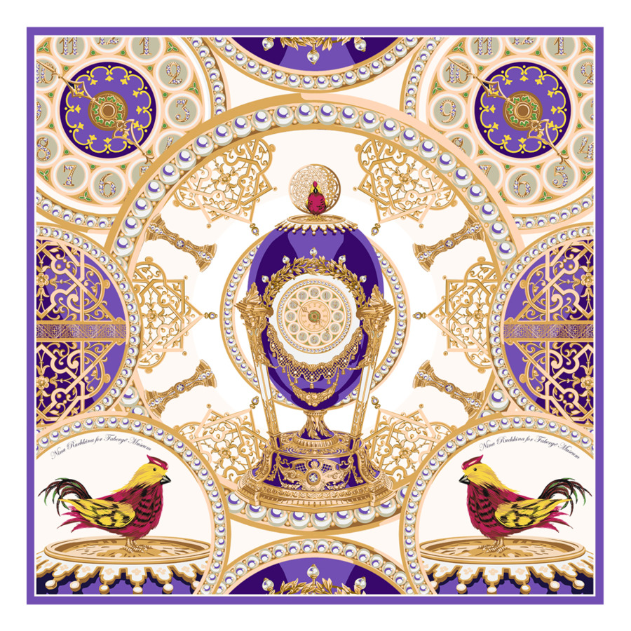 сувенирный МД Нины Ручкиной платок Фаберже яйцо-часы Петушок 65х65 см, шелк