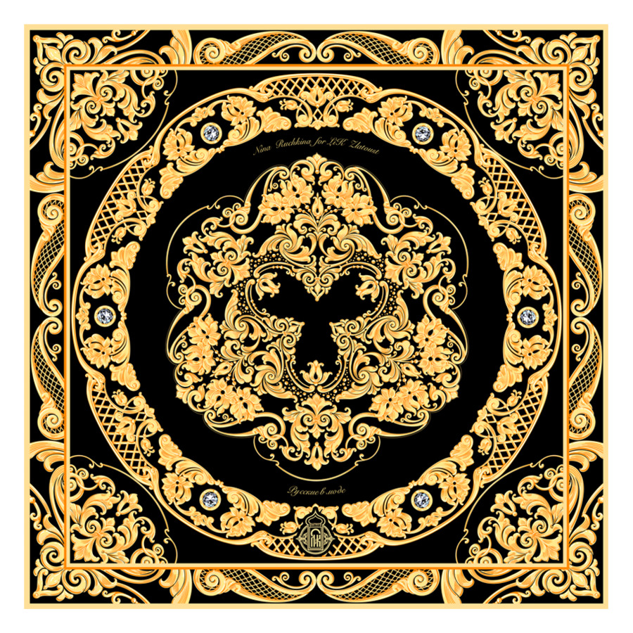 Платок сувенирный Русские в моде Златоустовская гравюра 90х90 см, шелк, вискоза, машинная подшивка