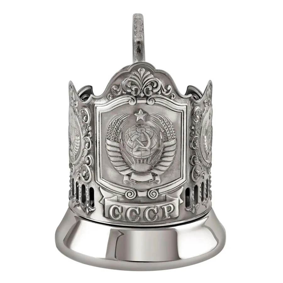 Стакан с подстаканником Кольчугинский мельхиор Герб СССР никелированный с чернью, латунь