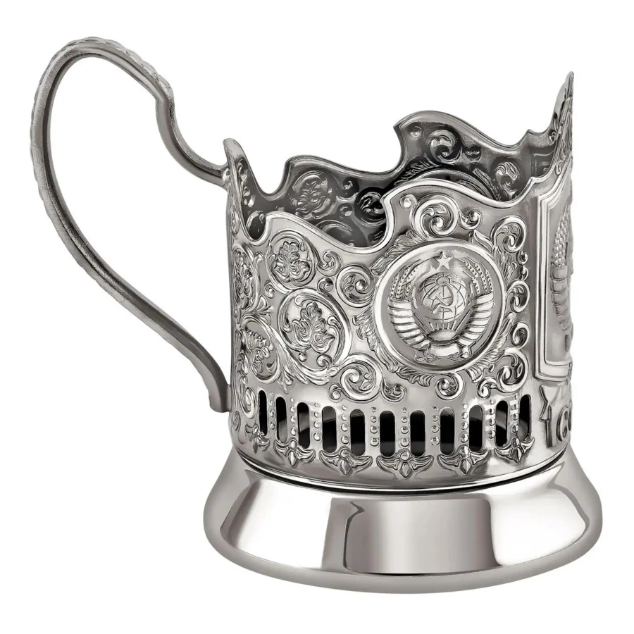 Стакан с подстаканником Кольчугинский мельхиор Герб СССР никелированный с чернью, латунь