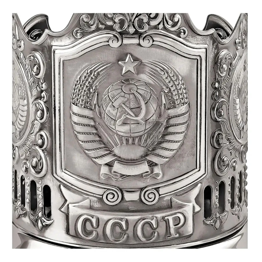 Стакан с подстаканником Кольчугинский мельхиор Герб СССР никелированный с чернью, латунь