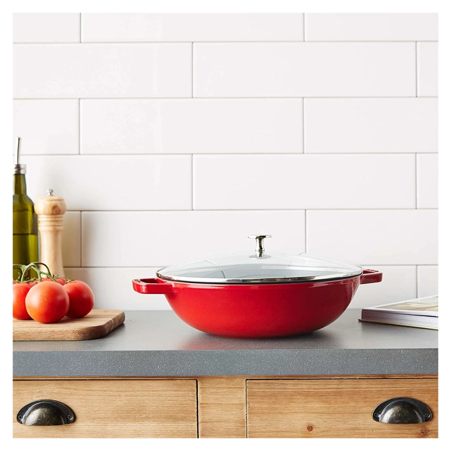 Вок со стеклянной крышкой Staub 30см, 4,4л, вишневый, чугун, для индукции, духовки